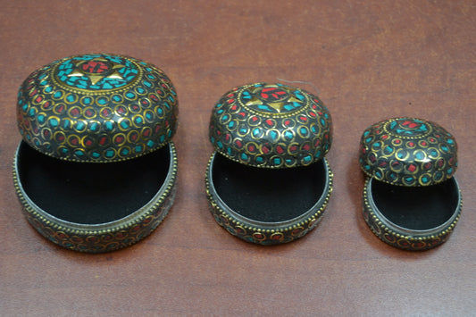 3 Pcs Handmade Turquoise Coral Nepal Trinket Boxes