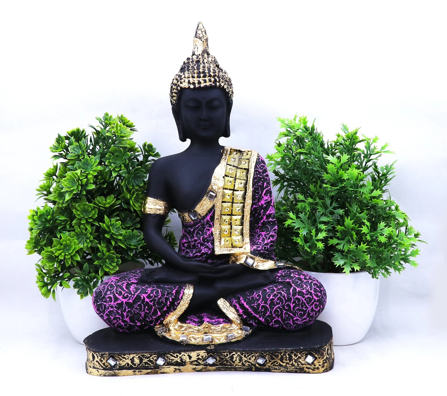 Black Purple Shading Buddha With Two Artificial Bonsai Plant