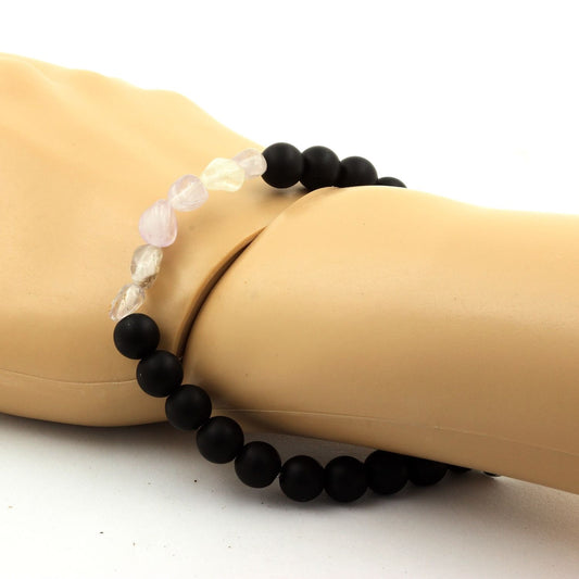 Rutile Amethyst Quartz + Matte Black Onyx Bracelet 8 mm Beads.