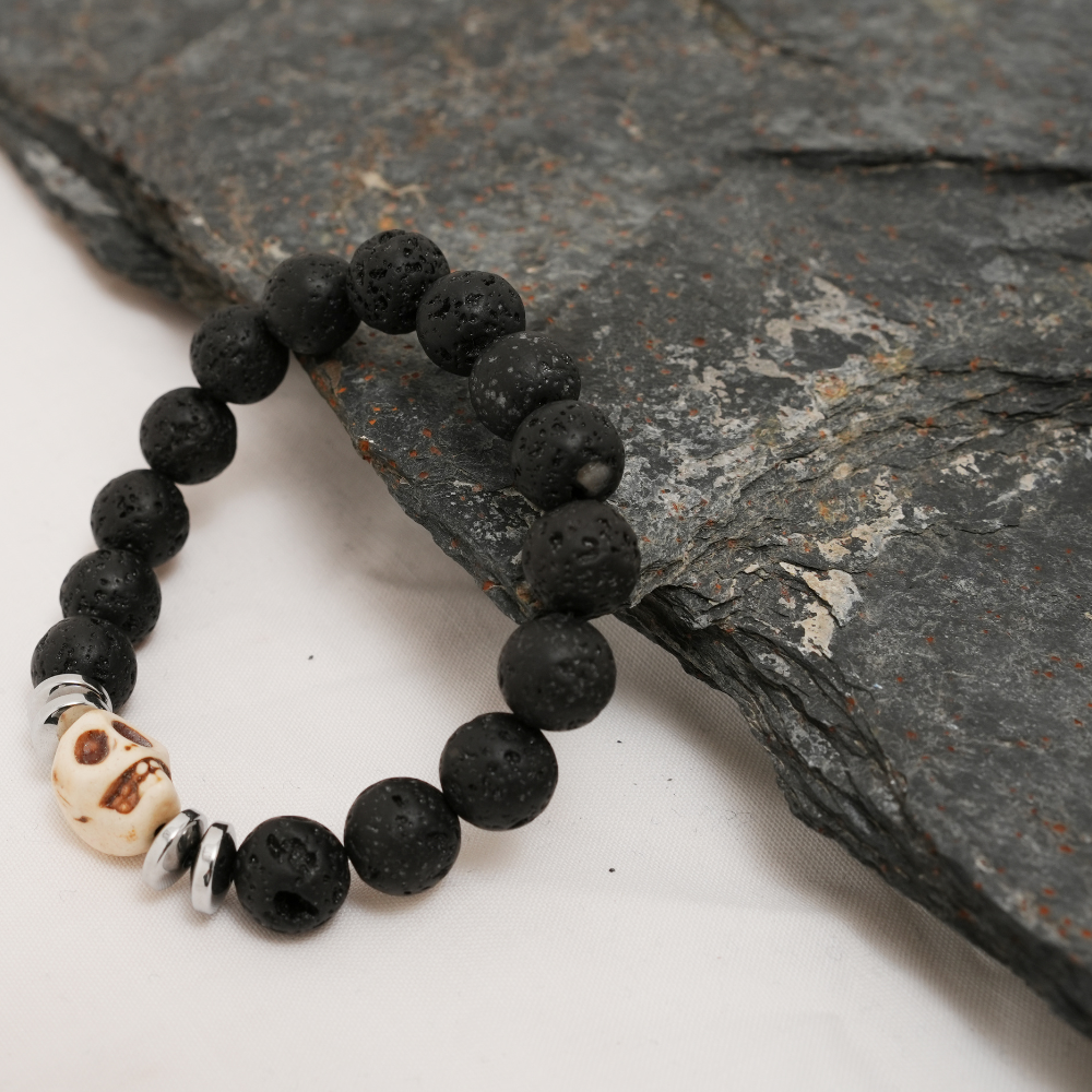 Skull Bracelet, Black Lava Stone Bracelet with Silver Spacer