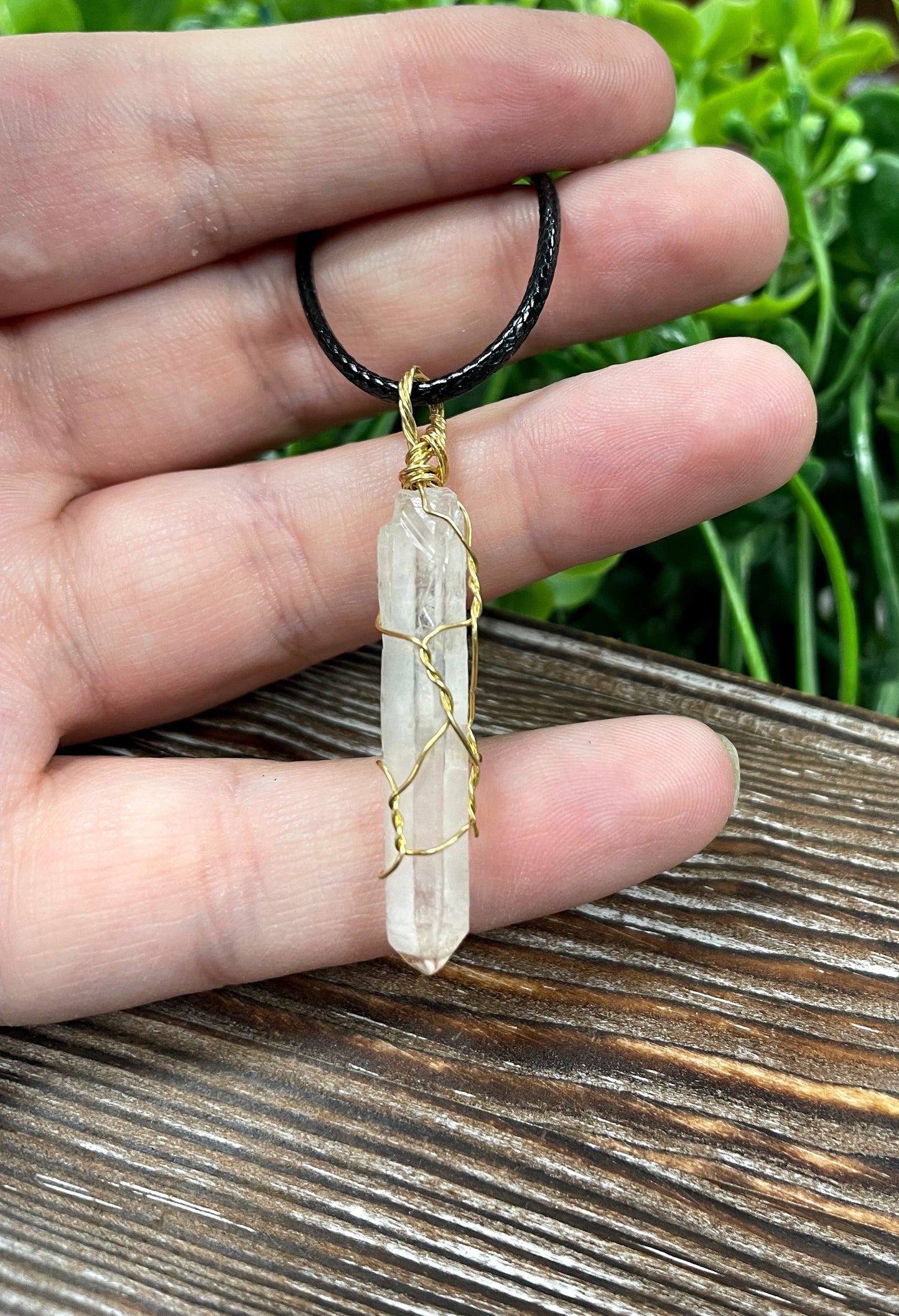 Wire Wrapped Clear Quartz Crystal Gemstone Pendant w/ Brass Wire