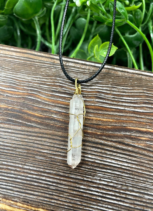 Wire Wrapped Clear Quartz Crystal Gemstone Pendant w/ Brass Wire