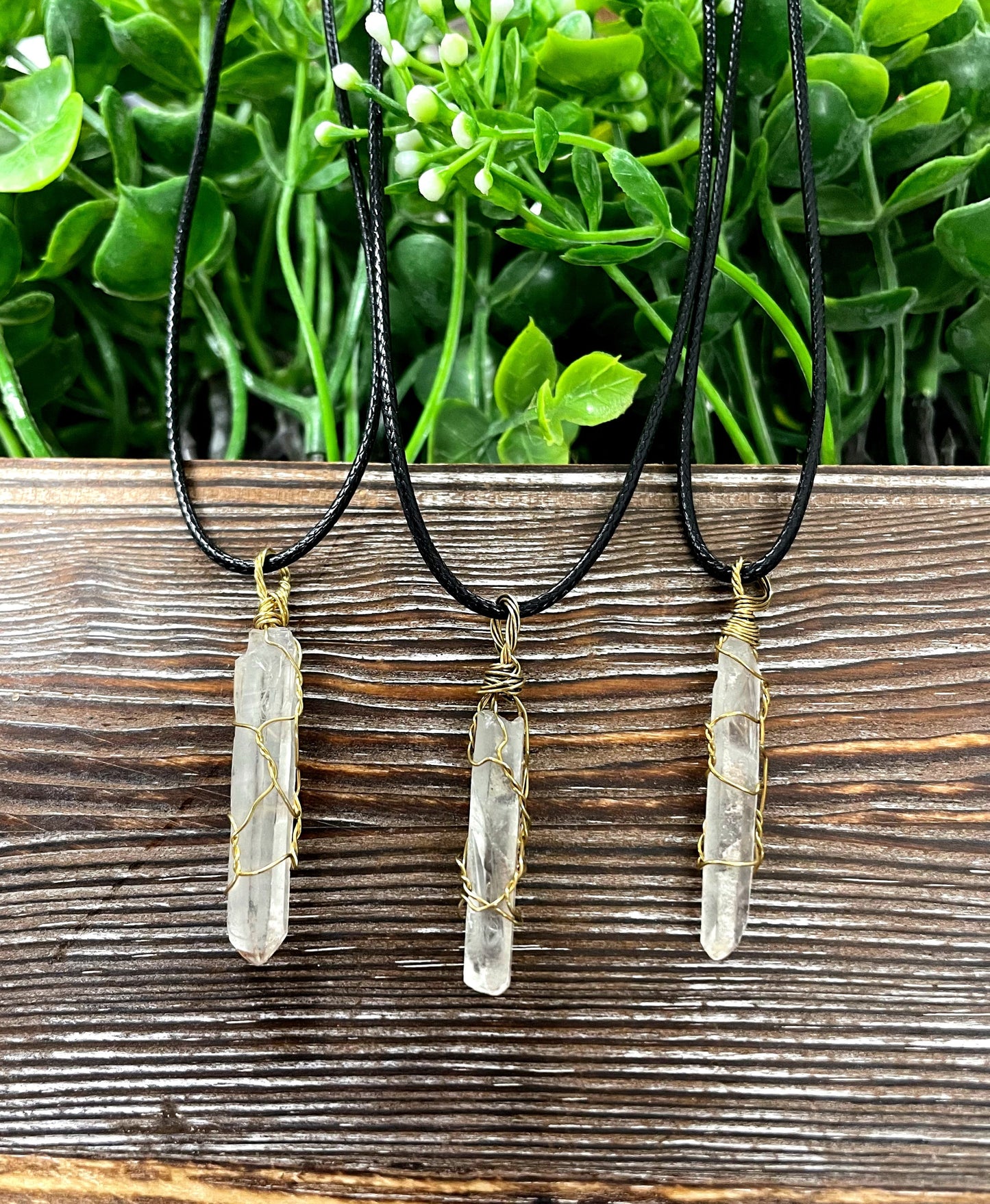 Wire Wrapped Clear Quartz Crystal Gemstone Pendant w/ Brass Wire