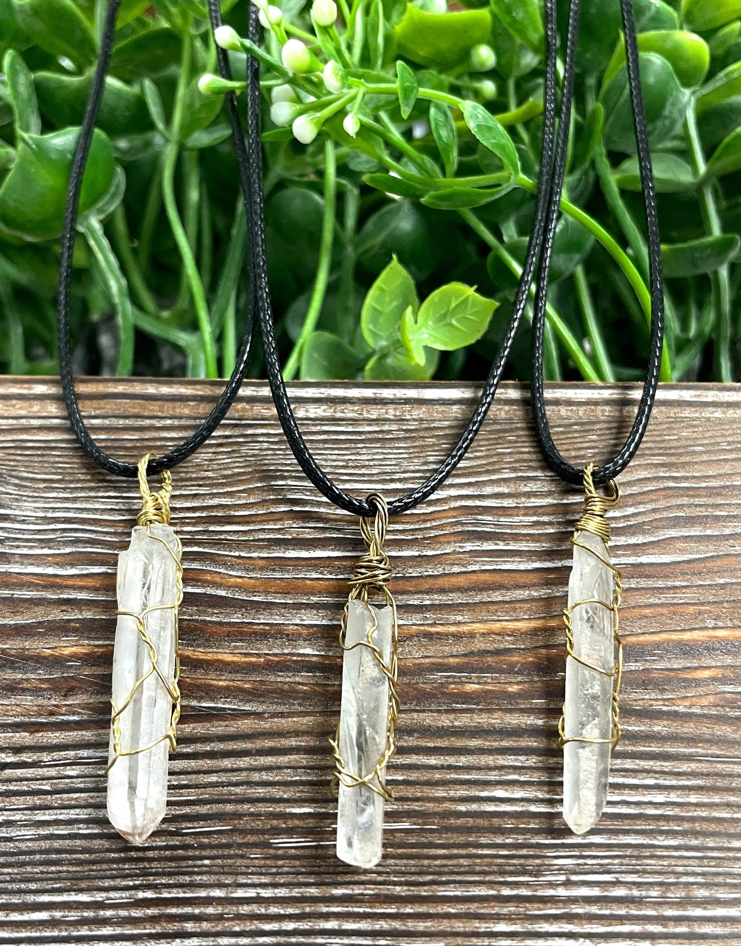 Wire Wrapped Clear Quartz Crystal Gemstone Pendant w/ Brass Wire