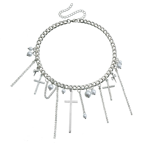 Cross Tassel Pearl Collarbone Chain Jewelry Cool Spicy Girl Necklace