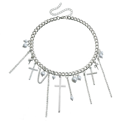 Cross Tassel Pearl Collarbone Chain Jewelry Cool Spicy Girl Necklace