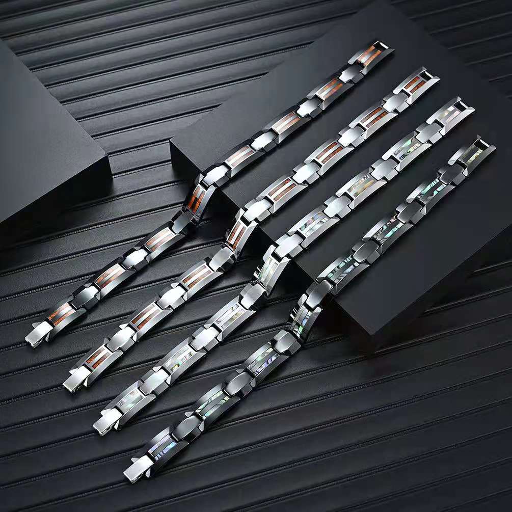 Magnetic Bracelet 316 Tungsten Stainless Steel, Wood Inlay Bangle