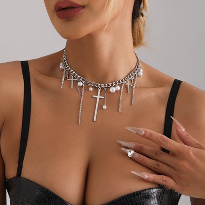 Cross Tassel Pearl Collarbone Chain Jewelry Cool Spicy Girl Necklace