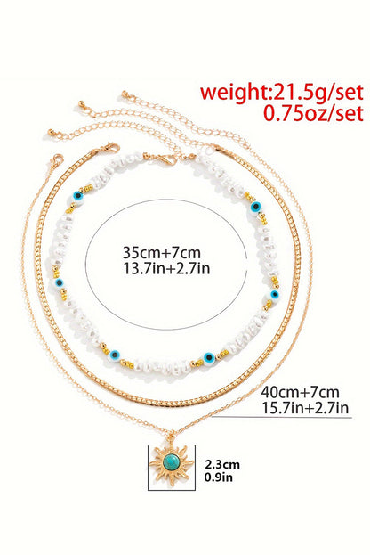 Gold Sun Turquoise Pearl Beaded Multi Layered Pendant Necklace