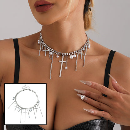 Cross Tassel Pearl Collarbone Chain Jewelry Cool Spicy Girl Necklace