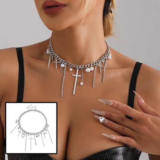 Cross Tassel Pearl Collarbone Chain Jewelry Cool Spicy Girl Necklace