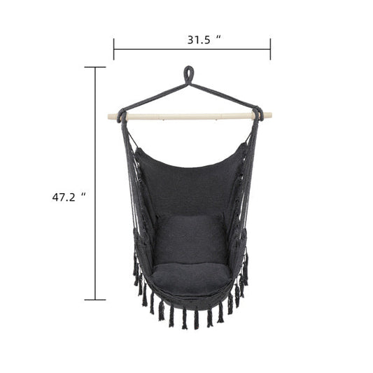 LuneluX – Boho Hanging Chair with Fringe & Cushions (Gray)