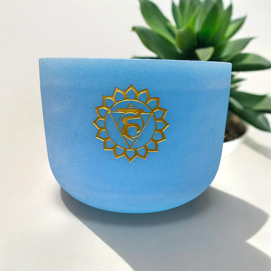 Crystal Singing Bowl with Engraved Chakra Symbol: Throat Chakra