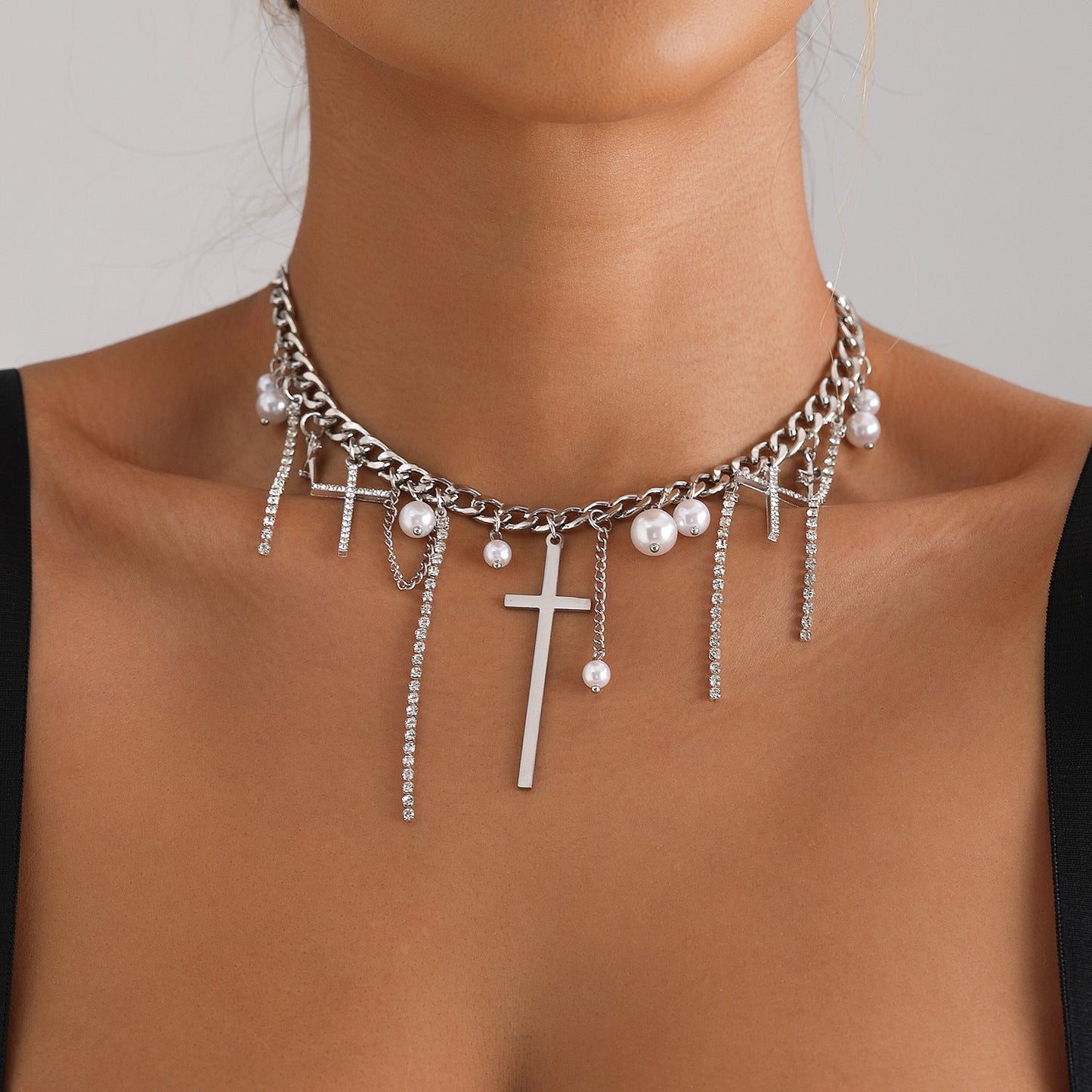 Cross Tassel Pearl Collarbone Chain Jewelry Cool Spicy Girl Necklace