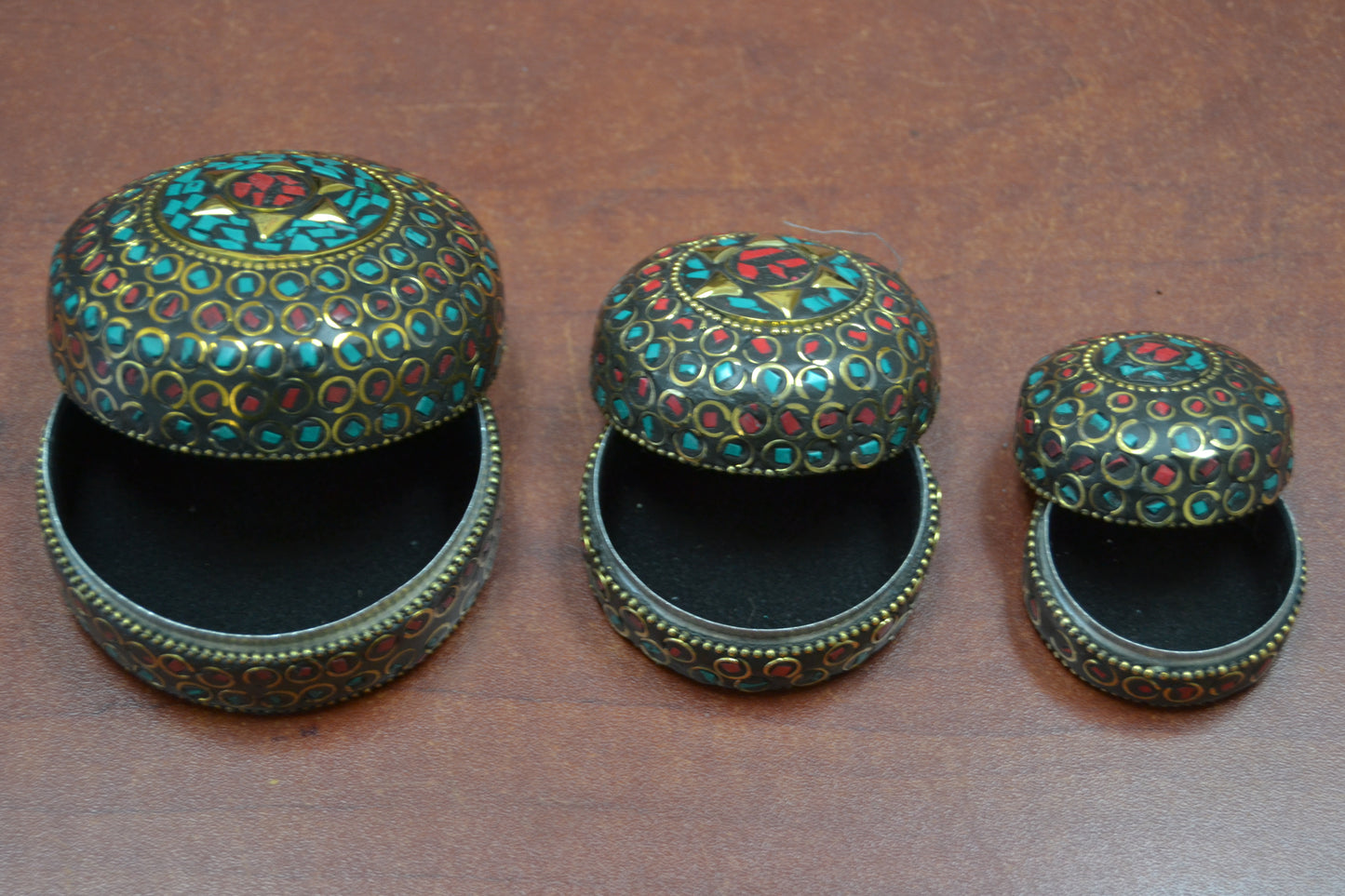 3 Pcs Handmade Turquoise Coral Nepal Trinket Boxes