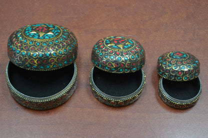 3 Pcs Handmade Turquoise Coral Nepal Trinket Boxes