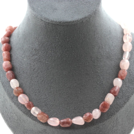 Rose Quartz + Ruby from Brazil beads necklace stainless steel chain