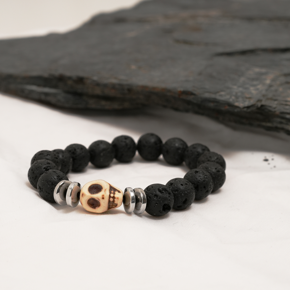 Skull Bracelet, Black Lava Stone Bracelet with Silver Spacer