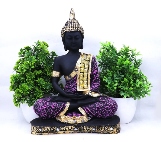 Black Purple Shading Buddha With Two Artificial Bonsai Plant