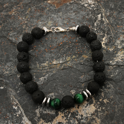 Handmade Lava Stone Bracelet for Men with Green Tiger Eye