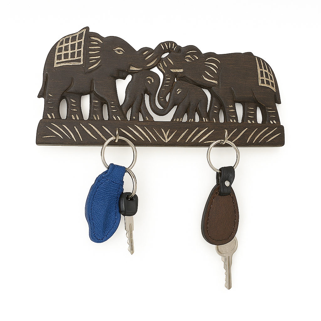 Wooden Elephant Key Holder with Two Hooks and Decorative Carving