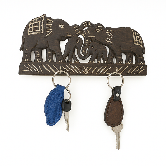 Wooden Elephant Key Holder with Two Hooks and Decorative Carving