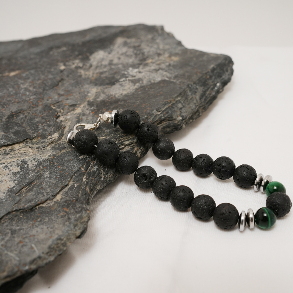 Handmade Lava Stone Bracelet for Men with Green Tiger Eye