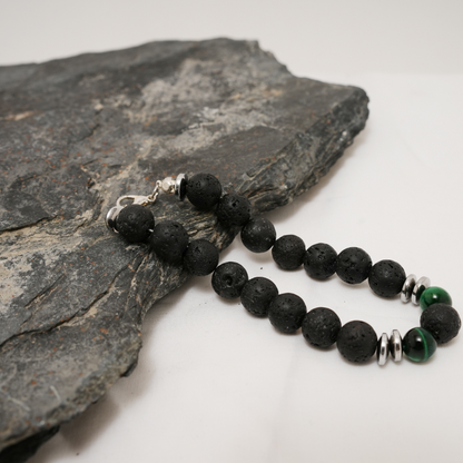 Handmade Lava Stone Bracelet for Men with Green Tiger Eye