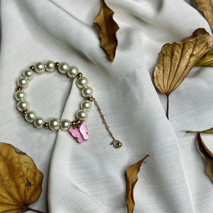 Bracelet for Girls, Faux Pearl Beaded Bracelet with Purple Butterfly