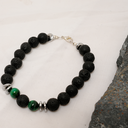 Handmade Lava Stone Bracelet for Men with Green Tiger Eye
