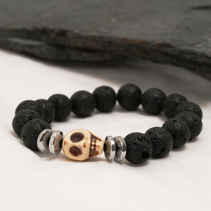 Skull Bracelet, Black Lava Stone Bracelet with Silver Spacer