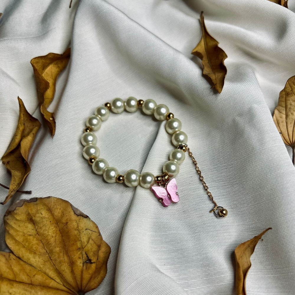 Bracelet for Girls, Faux Pearl Beaded Bracelet with Purple Butterfly