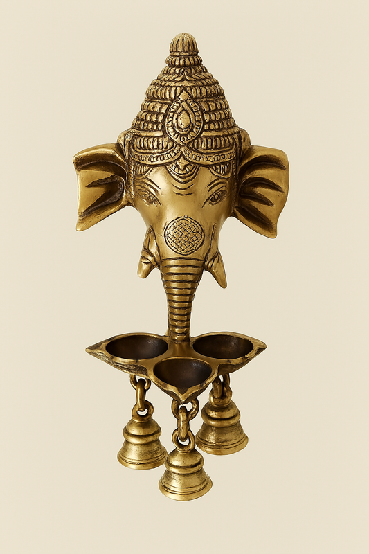 Brass Ganesha Wall Lamp with Bells – Antique Finish