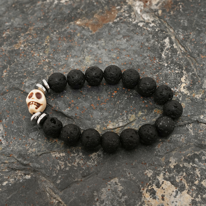 Skull Bracelet, Black Lava Stone Bracelet with Silver Spacer