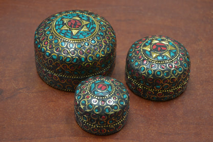 3 Pcs Handmade Turquoise Coral Nepal Trinket Boxes