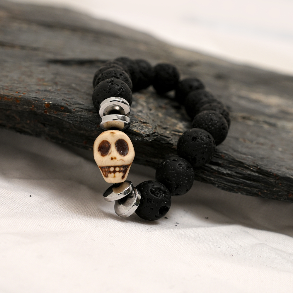 Skull Bracelet, Black Lava Stone Bracelet with Silver Spacer