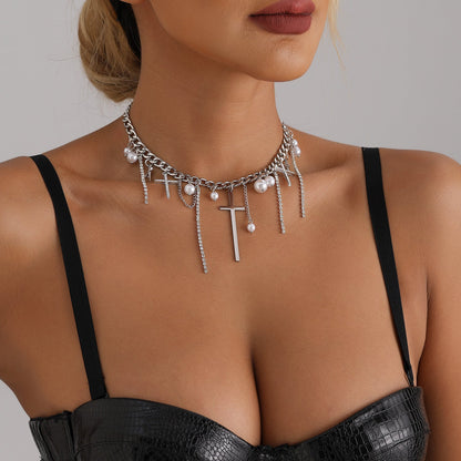 Cross Tassel Pearl Collarbone Chain Jewelry Cool Spicy Girl Necklace