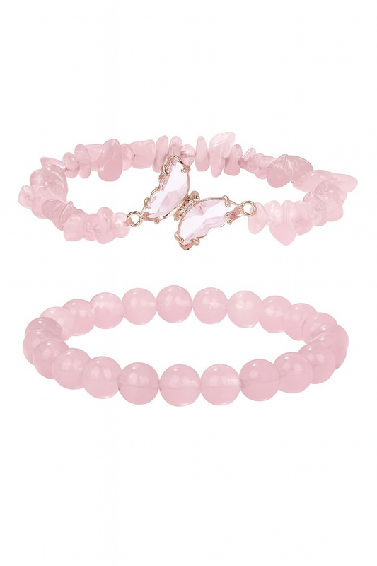 Rose Quartz Bracelet Set – 2pcs Natural Stone & Beaded Stretch Bangles