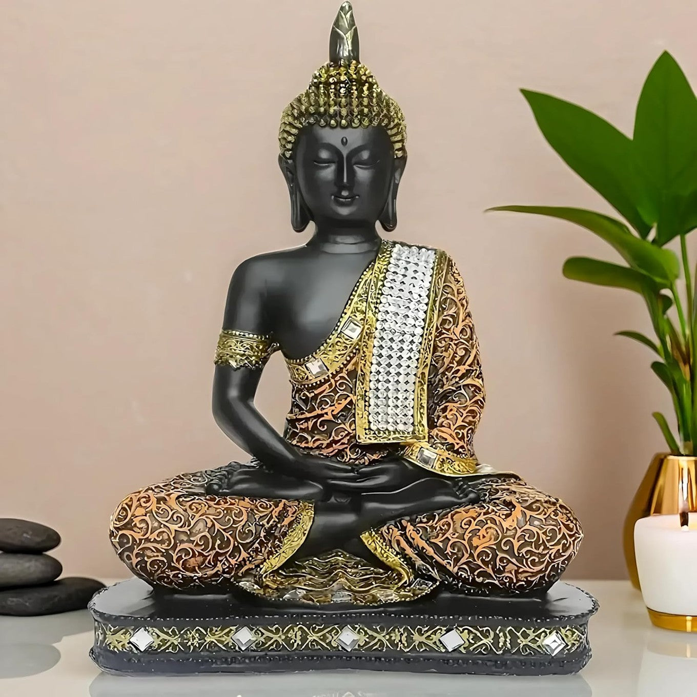 Meditating Sitting Buddha Statue showpiece (1, Orange Black)