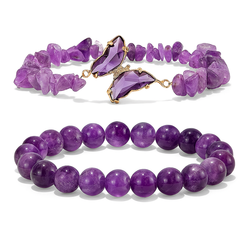 Amethyst Bracelet Set – Natural Chip & Round Bead Bracelets with
