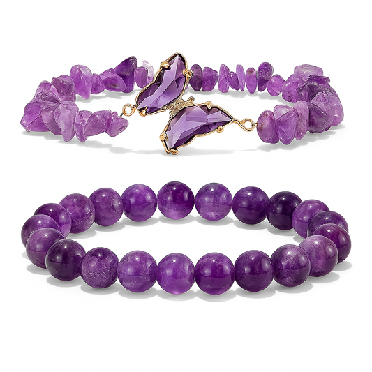 Amethyst Bracelet Set – Natural Chip & Round Bead Bracelets with