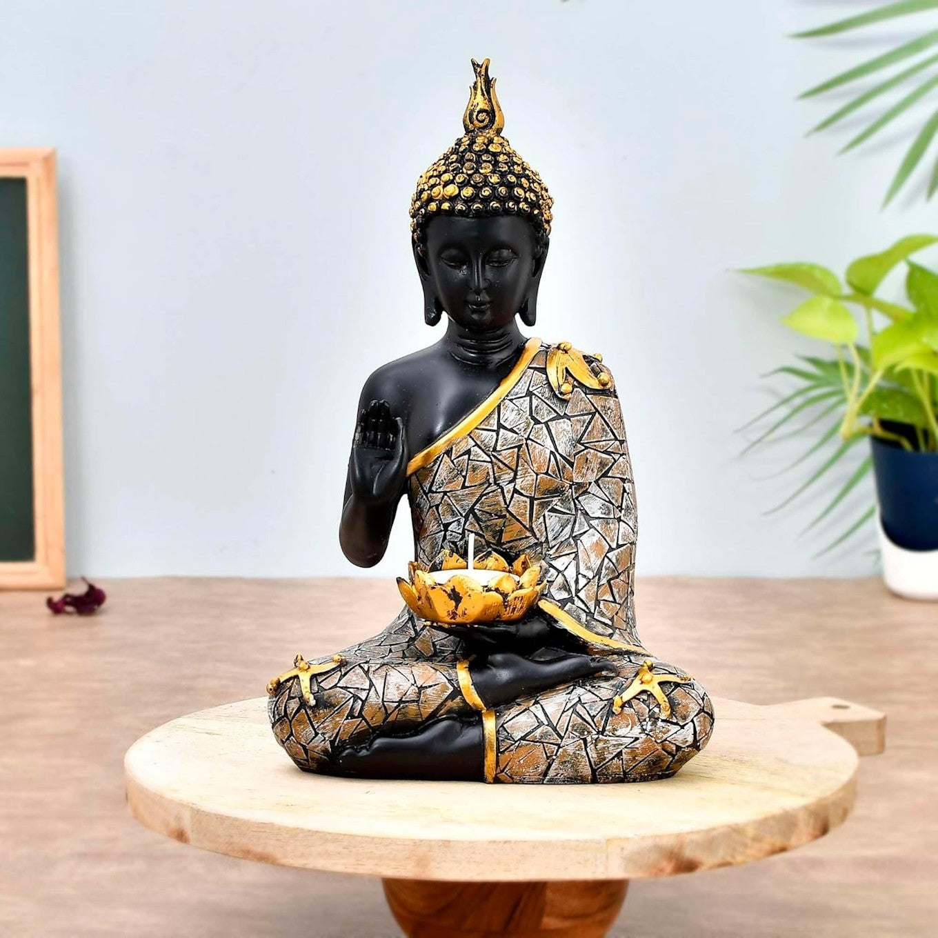 Black and Gold Buddha Statue with Lotus Candle Holder – Spiritual Home