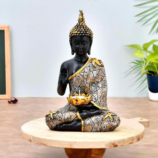 Black and Gold Buddha Statue with Lotus Candle Holder – Spiritual Home
