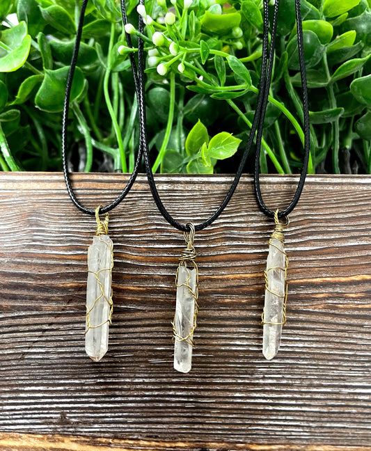 Wire Wrapped Clear Quartz Crystal Gemstone Pendant w/ Brass Wire