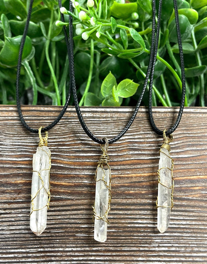 Wire Wrapped Clear Quartz Crystal Gemstone Pendant w/ Brass Wire