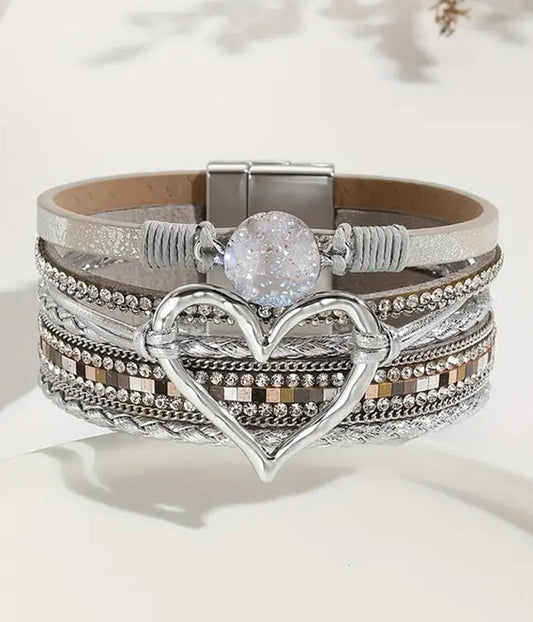 MULTI LAYER LEATHERETTE MAGNETIC BRACELET - HEART