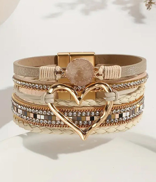 MULTI LAYER LEATHERETTE MAGNETIC BRACELET - HEART